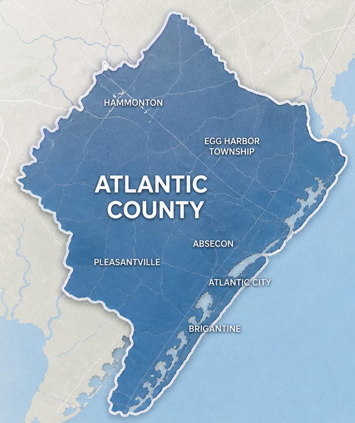 Map of Atlantic County, NJ showing Hammonton, Egg Harbor Township, Absecon, Pleasantville, Atlantic City, and Brigantine