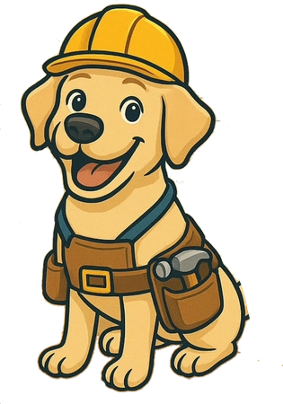 Conall, a labrador in a hard hat and tool belt