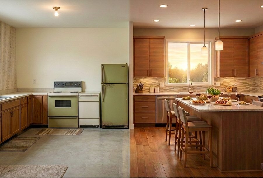 Before and after of a kitchen remodel by Grant Langston Customs