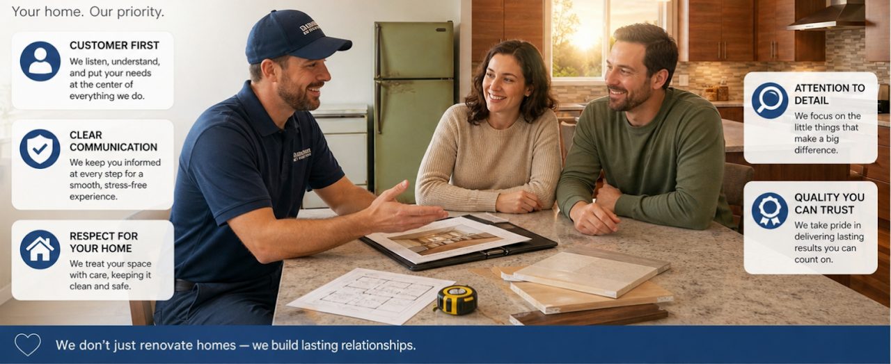 Your home, our priority. Customer First: we listen, understand, and put your needs at the center of everything we do. Clear Communication: we keep you informed at every step for a smooth, stress-free experience. Respect for Your Home: we treat your space with care, keeping it clean and safe. Attention to Detail: we focus on the little things that make a big difference. Quality You Can Trust: we take pride in delivering lasting results you can count on. We don't just renovate homes, we build lasting relationships.